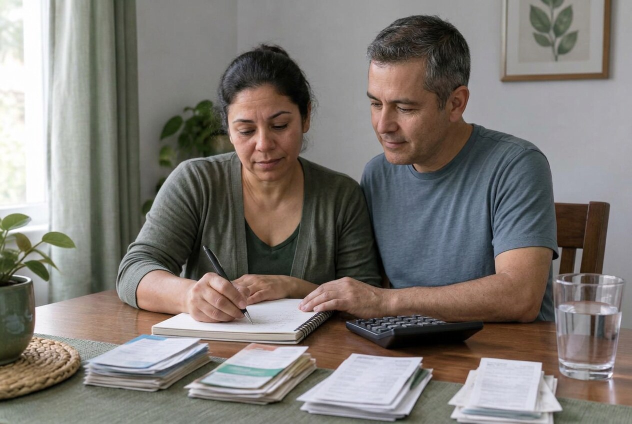 Casal organiza boletos e anota o orçamento doméstico para compreender as dívidas